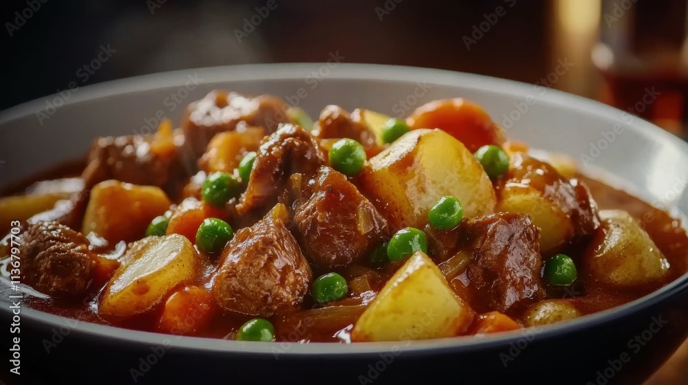 Hearty meat stew featuring tender chunks of beef, vegetables, and peas, perfect for a comforting meal any day. Hearty meat stew featuring tender chunks of beef, vegetables, and peas, perfect for a comforting meal any day.