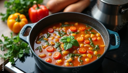 Hearty vegetable soup with cherry tomatoes and greens in a pot on the stove