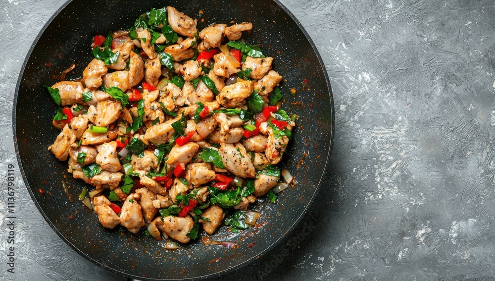 A vibrant dish of stir-fried chicken pieces mixed with colorful vegetables, showcasing a healthy and appetizing meal. A vibrant dish of stir-fried chicken pieces mixed with colorful vegetables, showcasing a healthy and appetizing meal.