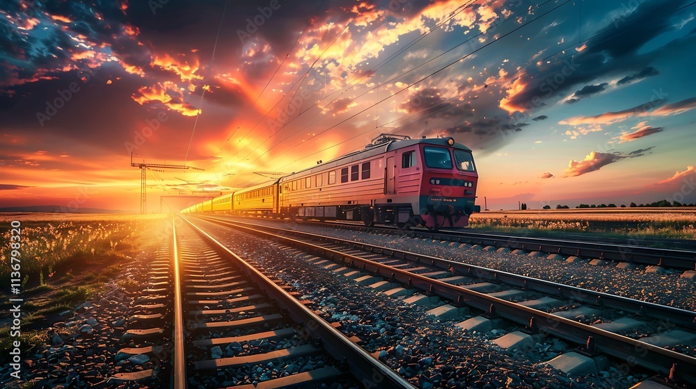 Obraz premium Train on the railroad at sunset. Railway station at sunset. Railway station at sunset