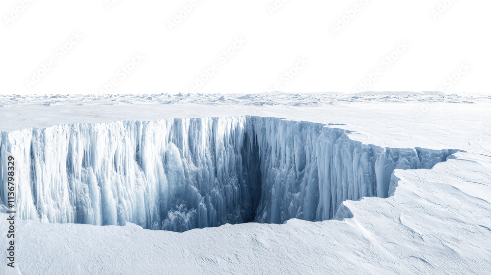 Deep ice crevasse in a frozen arctic landscape with sharp, vertical icy ...