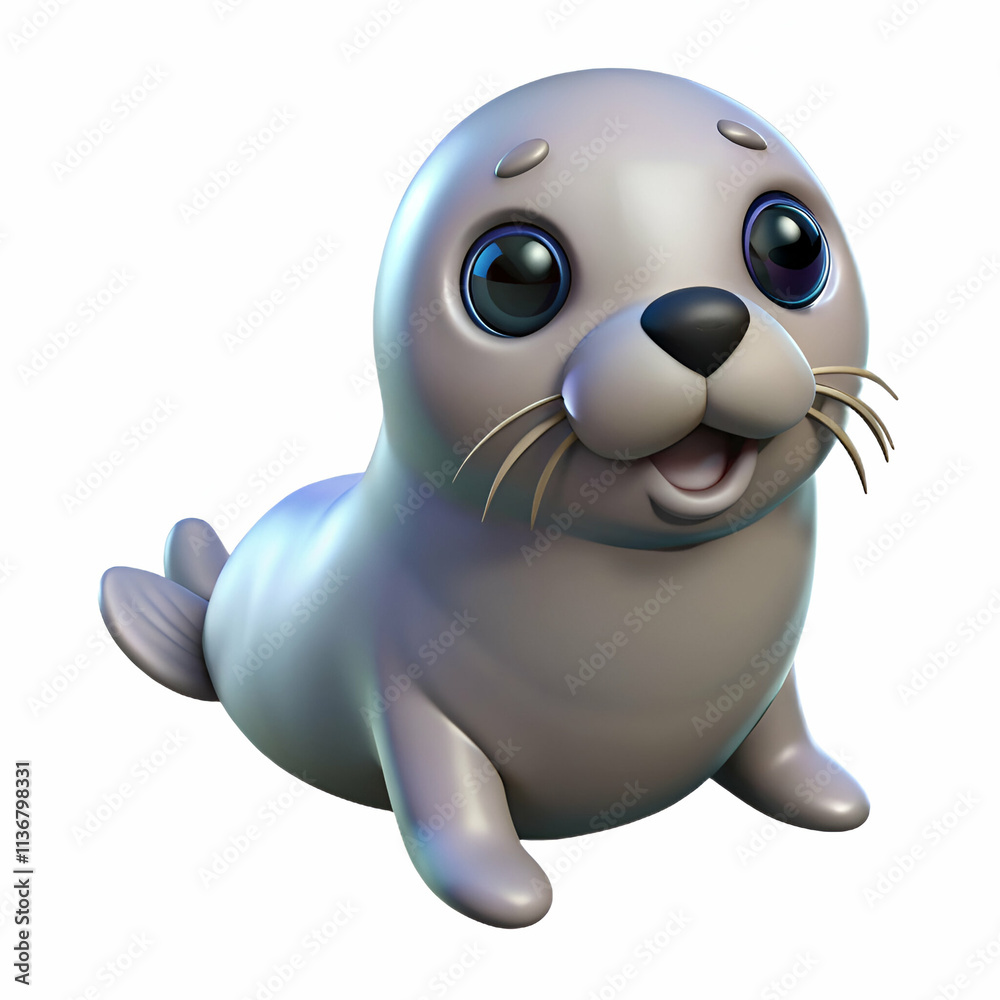 Fototapeta premium A cute animated seal with big eyes and a joyful expression, lying on its belly, showcasing a playful and friendly demeanor.