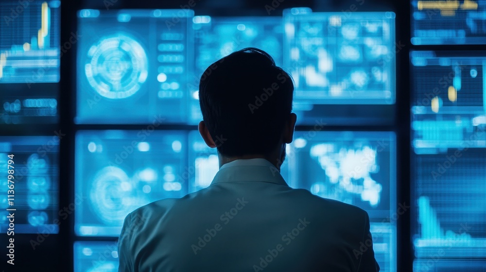 Businessman Analyzing Data on Multiple Screens Businessman Analyzing Data on Multiple Screens