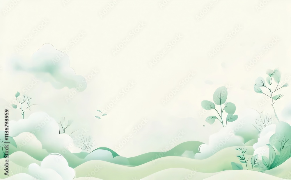 Soft green landscape with clouds and plants. Soft green landscape with clouds and plants.