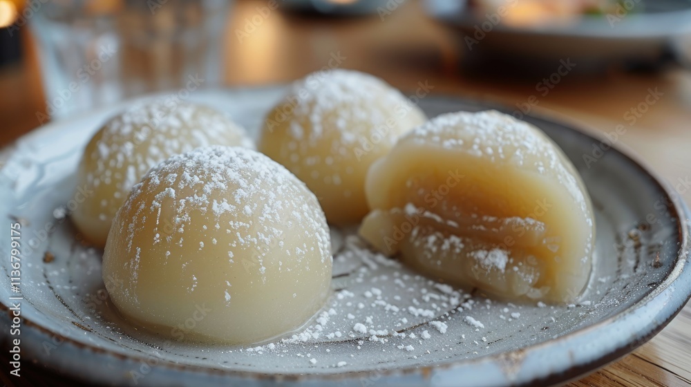 A plate of sweet, round desserts dusted with powdered sugar, showcasing a soft texture. A plate of sweet, round desserts dusted with powdered sugar, showcasing a soft texture.