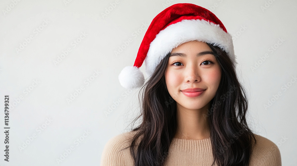 A festive portrait of an Asian-Caucasian woman wearing a Santa hat, isolated against a white background. High details, perfect for holiday and Christmas-themed content.
A festive portrait of an Asian-Caucasian woman wearing a Santa hat, isolated against a white background. High details, perfect for holiday and Christmas-themed content.