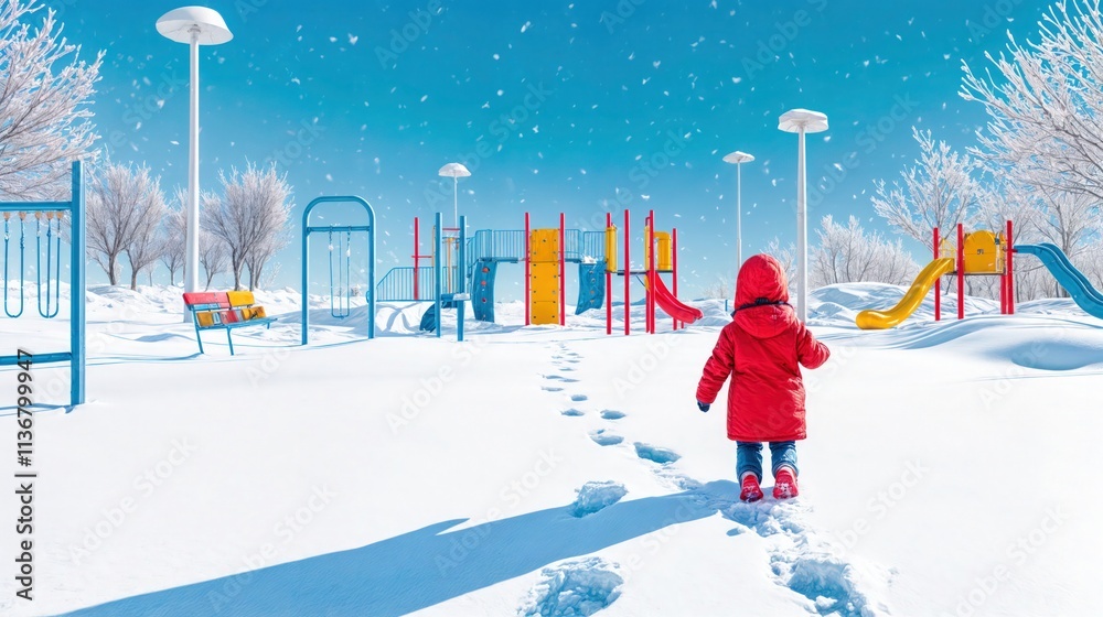 Child in red winter coat walking through snow-covered playground with colorful slides and swings