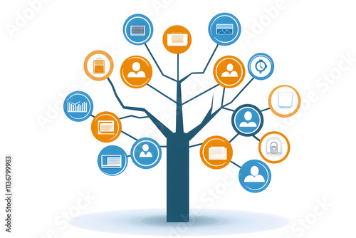 Illustration of the business world. Icons related to the business world appear on the branches of a tree. Business concept.