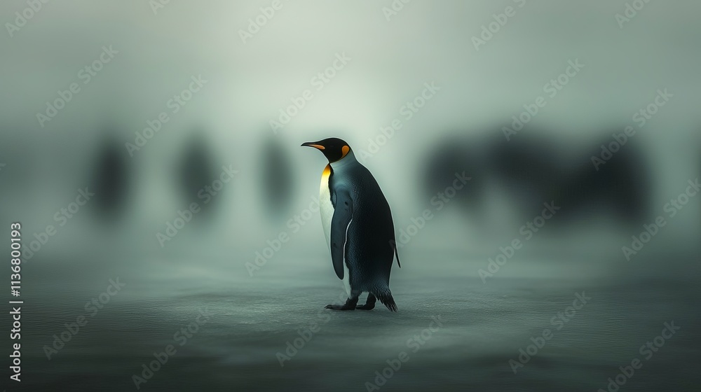 Obraz premium A solitary emperor penguin stands confidently on an icy landscape, shrouded in a mysterious fog.
