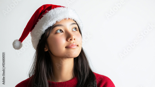 A festive portrait of an Asian-Caucasian woman wearing a Santa hat, isolated against a white background. High details, perfect for holiday and Christmas-themed content.

