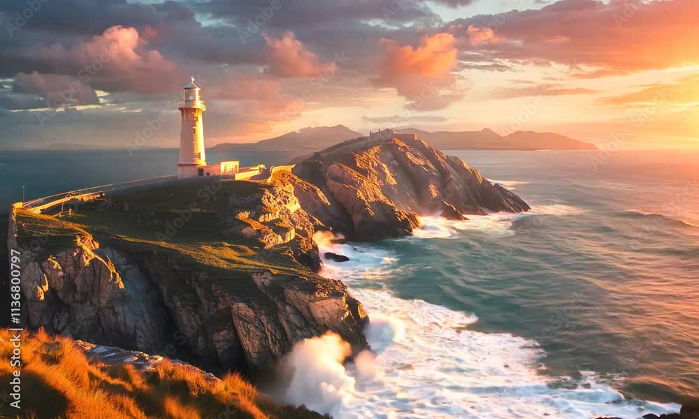 A stunning lighthouse stands tall at sunset, overlooking peaceful waves and a scenic coastline. The beauty of nature is captured in this serene landscape.