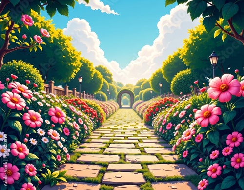 Whimsical cartoon garden path with blooming flowers, sunny spring day, wide-angle vaporwave vibes photo