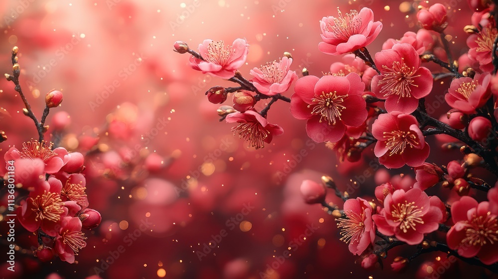 Close-up of vibrant pink plum blossoms in soft, bokeh background. Close-up of vibrant pink plum blossoms in soft, bokeh background.