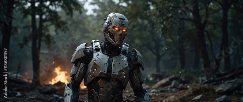 Cybernetic Soldier in the Inferno: A futuristic cyborg stands amidst a burning forest, his glowing eyes piercing through the smoke and flames. The image evokes themes of war, technology.