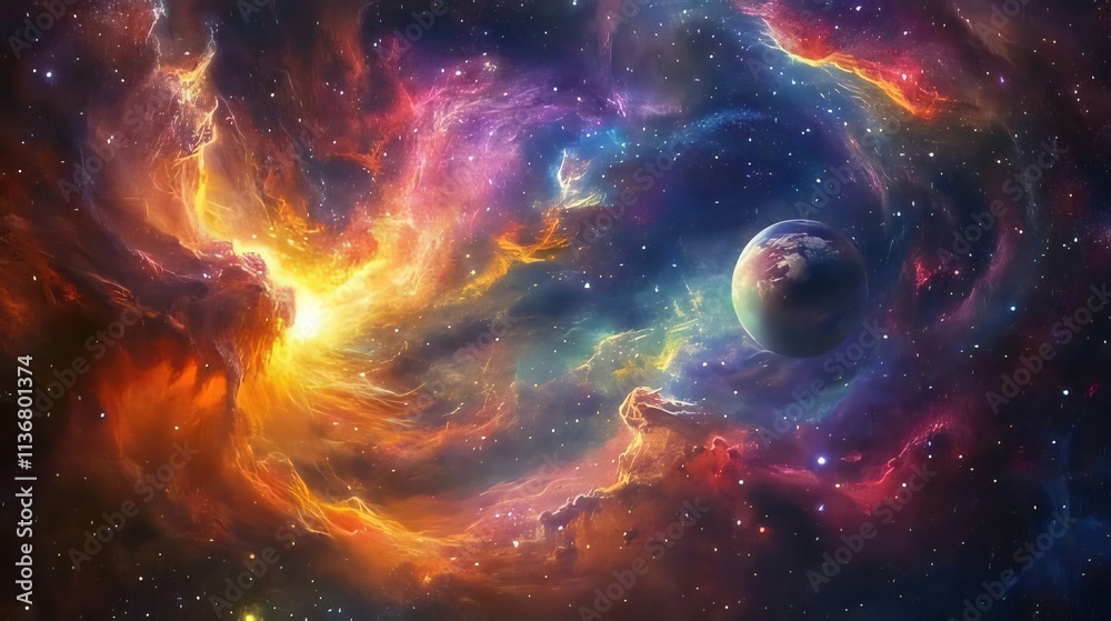Vibrant nebula and planet in space. Vibrant nebula and planet in space.
