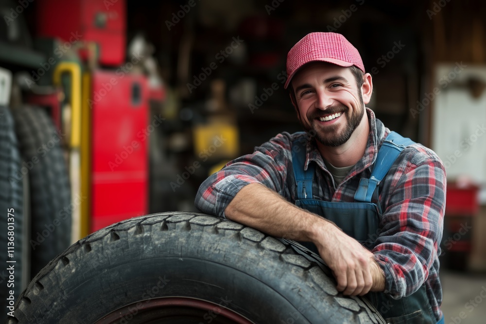 Mechanic holding tire with copy space for text repair service center, blurred background Mechanic holding tire with copy space for text repair service center, blurred background