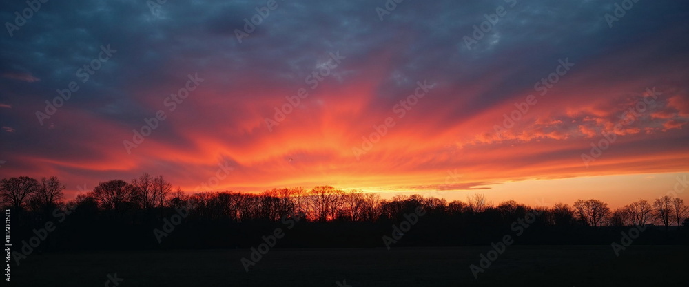 Fototapeta premium Dramatic sunset sky over silhouetted forest landscape