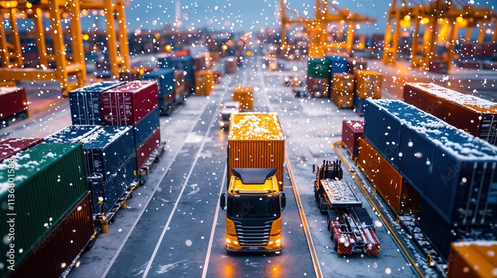 Snowy shipping port with a bright yellow truck transporting cargo containers during winter snowfall