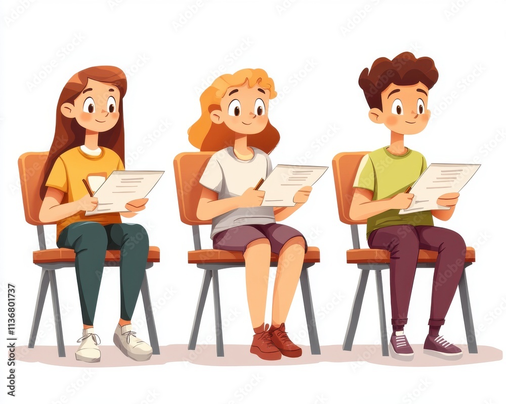 Three animated young individuals, two girls and a boy, sitting on chairs, focused on their papers in a bright setting. Three animated young individuals, two girls and a boy, sitting on chairs, focused on their papers in a bright setting.