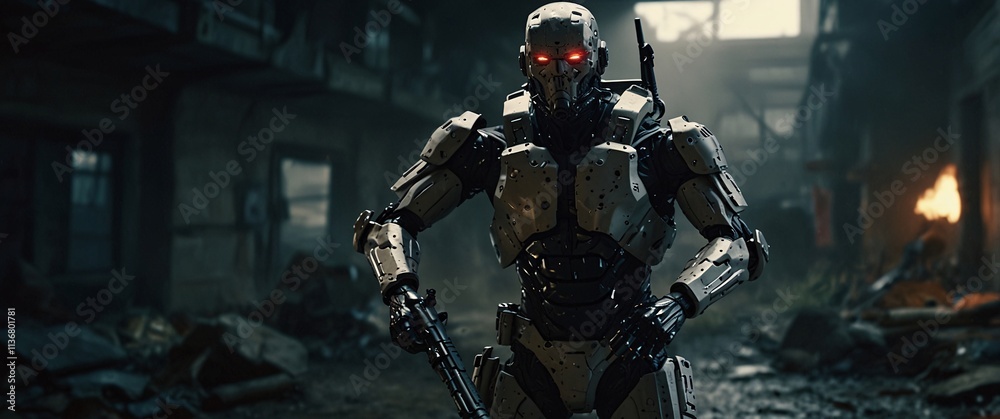 The Last Stand: A lone, intimidating robot stands amidst the ruins of a post-apocalyptic city, its red eyes glowing with a sinister intensity.