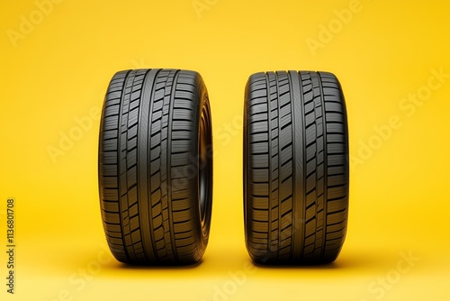 Three black rubber tires standing on yellow background