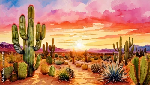 Watercolor cactus desert scene with golden sands and pink sunset skies
