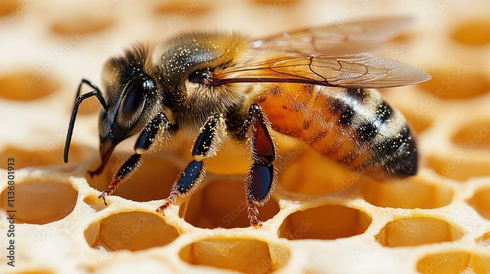 Bee lounging on a honeycomb raft bee's body covered in pollen Isolated solo on plain background Bee lounging on a honeycomb raft bee's body covered in pollen Isolated solo on plain background