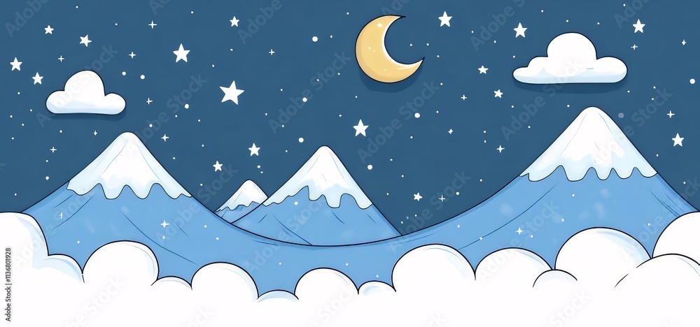 Night sky, crescent moon, snowy mountains, clouds. Night sky, crescent moon, snowy mountains, clouds.