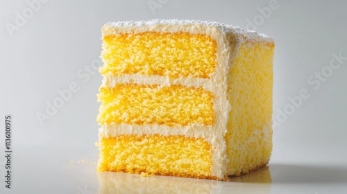A mouth-watering cake slice with layers of fluffy yellow sponge and creamy frosting, perfect for dessert lovers.