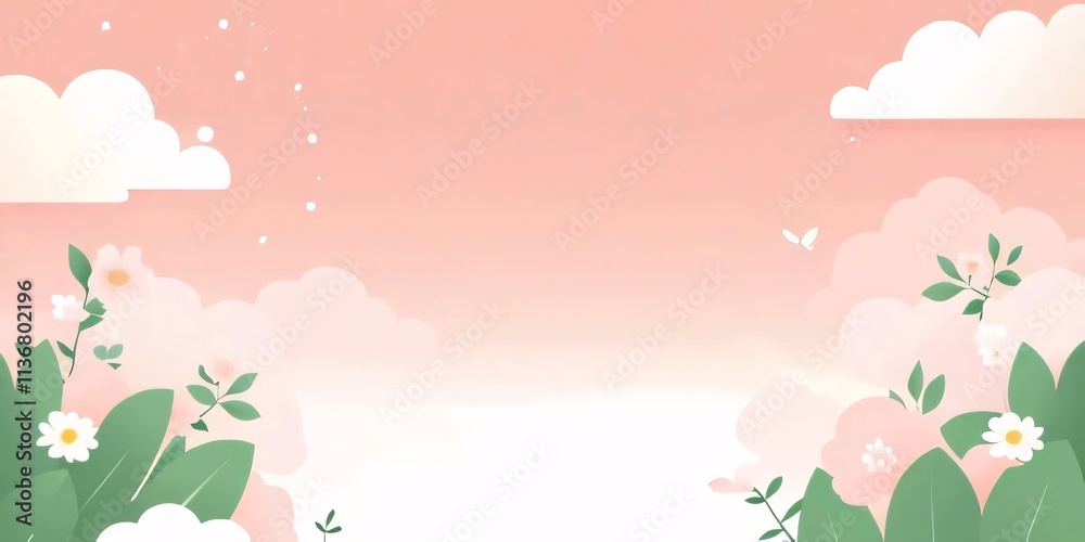 Pink sky with clouds, flowers, leaves. Pink sky with clouds, flowers, leaves.