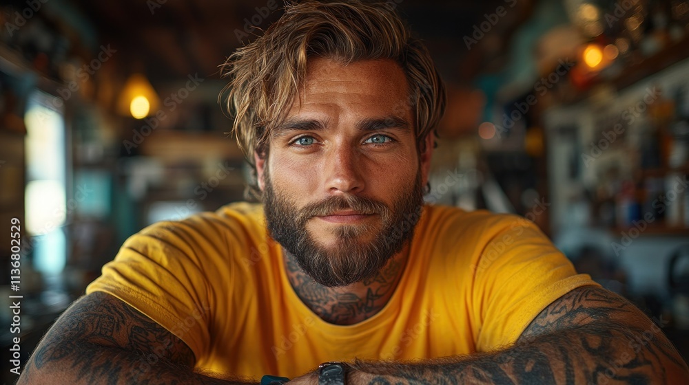 A close-up portrait of a tattooed man with blue eyes, exuding a relaxed, confident vibe. A close-up portrait of a tattooed man with blue eyes, exuding a relaxed, confident vibe.