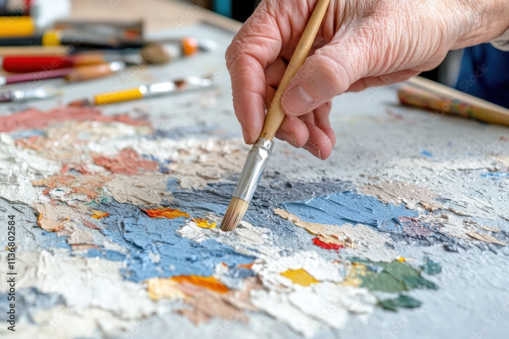 Close-up of an artist's hand, mixing vibrant paint on a textured palette with various brushes nearby. Close-up of an artist's hand, mixing vibrant paint on a textured palette with various brushes nearby.