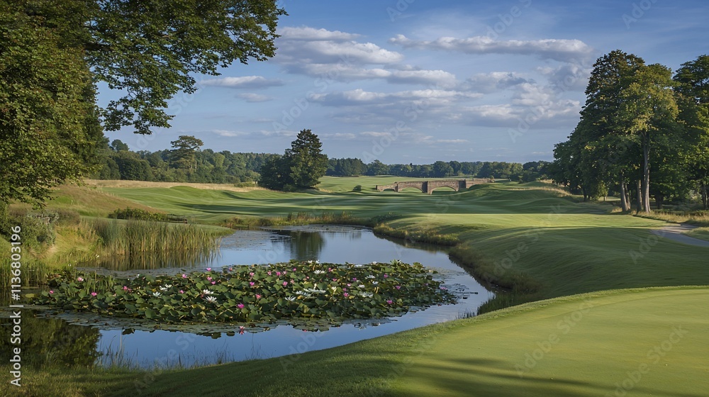 Serene golf course landscape with pond and pink water lilies. Serene golf course landscape with pond and pink water lilies.