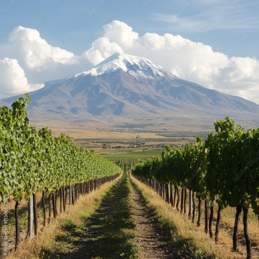 Fototapeta premium Armenian vineyard, Ararat looms