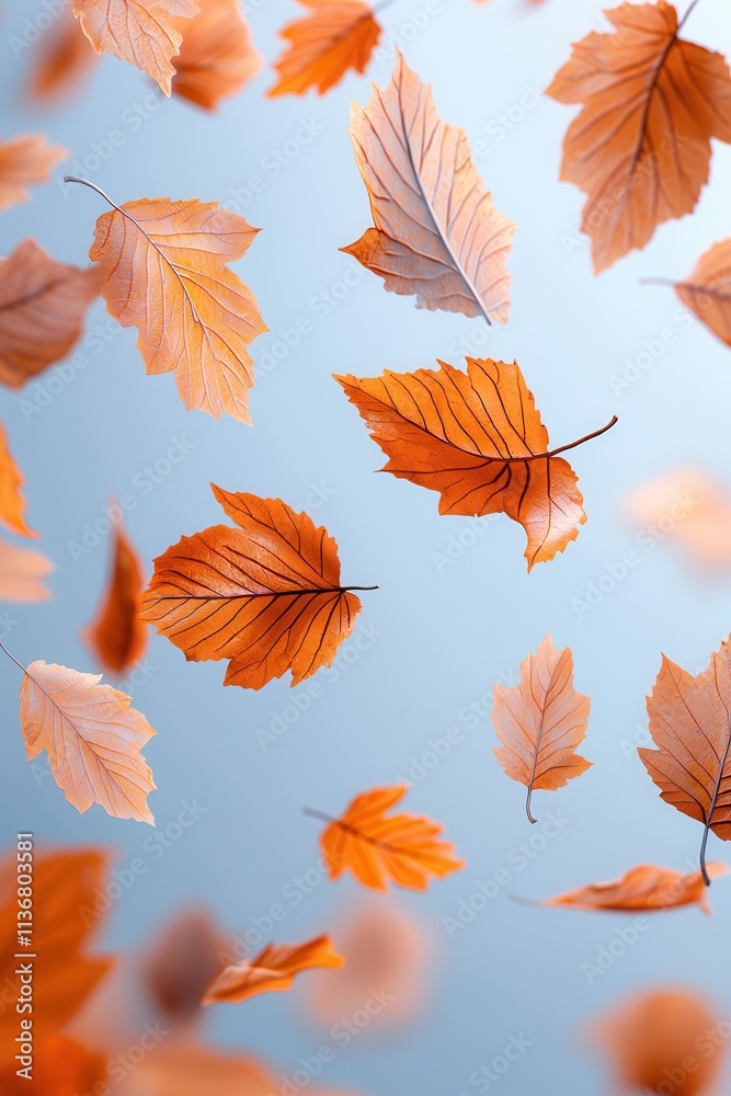 Obraz premium Vibrant orange and brown autumn leaves falling against a soft blue background, creating a serene seasonal atmosphere.