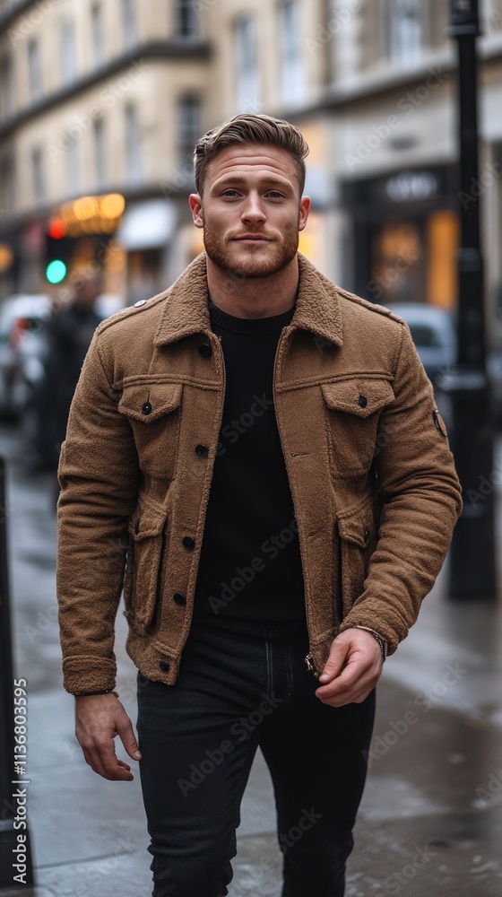 Confident Man Walking on City Street in Brown Jacket on Overcast Day Confident Man Walking on City Street in Brown Jacket on Overcast Day