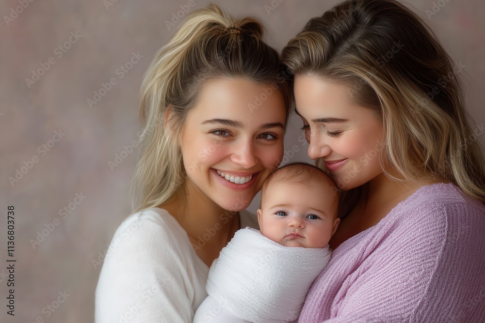 Two smiling women, one holding a wrapped baby, radiating joy and warmth together in a soft, pastel setting. Two smiling women, one holding a wrapped baby, radiating joy and warmth together in a soft, pastel setting.