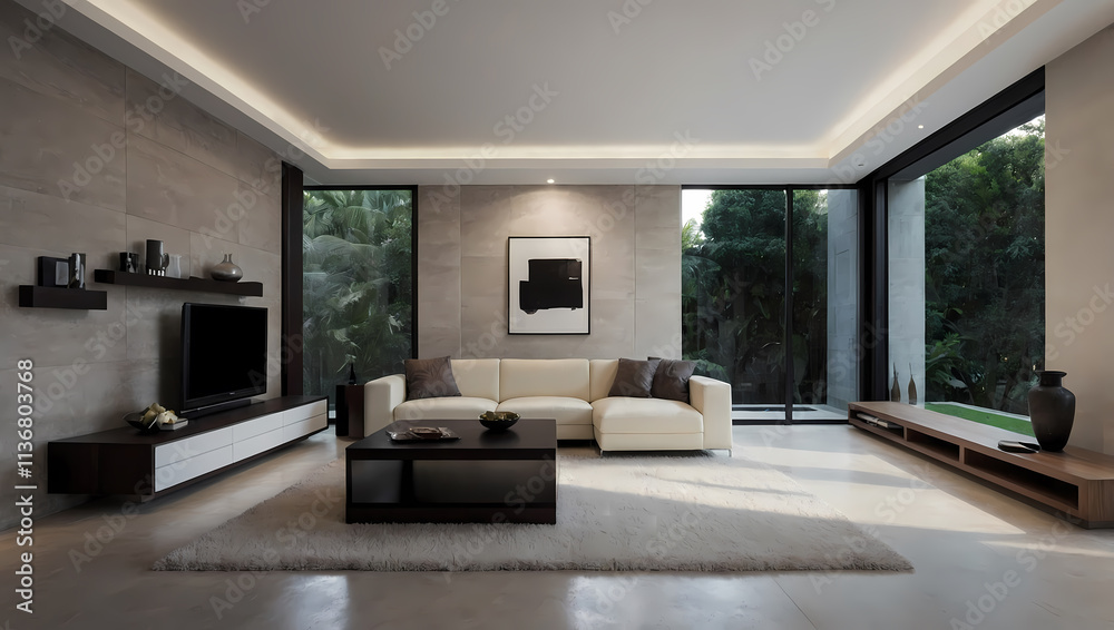 Fototapeta premium Modern living room featuring a cream sofa, black coffee table, and large windows with views of greenery.