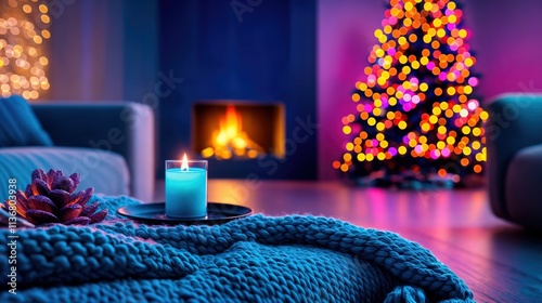 soft candlelight glowing in cozy living room with fireplace and christmas tree lights  
