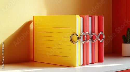 Common Office Supplies Three-ring binder Folder with rings for holding and organizing hole-punched papers Isolated solo on plain background photo