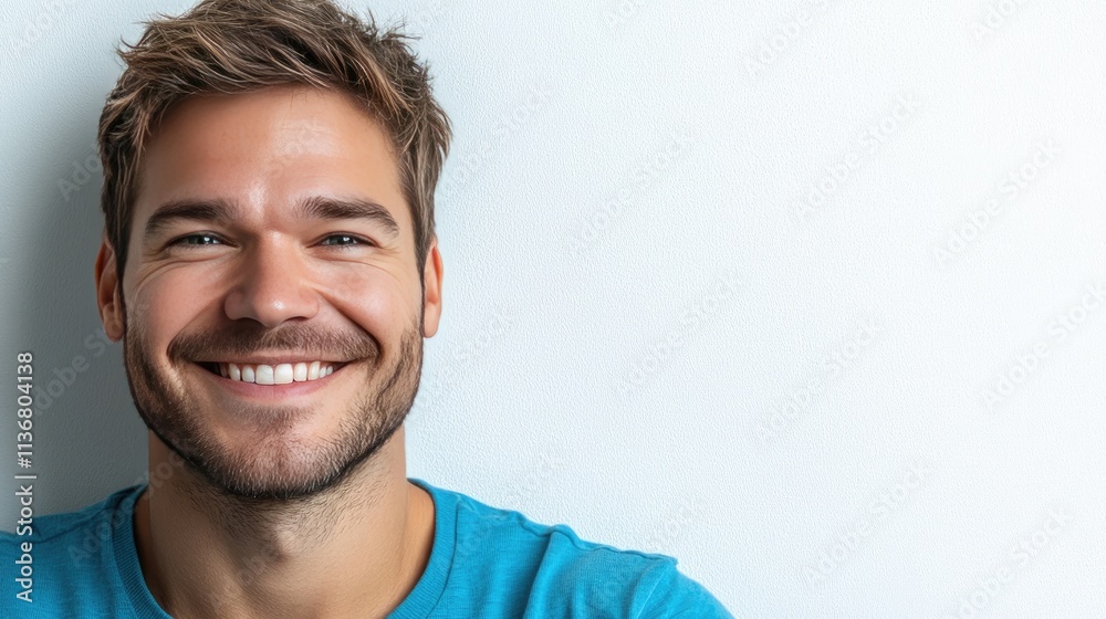 Smiling Young Man in Casual Blue Shirt Against White Background Smiling Young Man in Casual Blue Shirt Against White Background