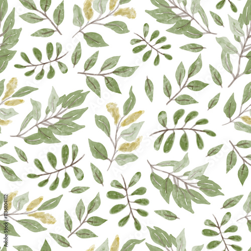 Wallpaper Mural Green leaves, simple botany illustration, white background. Seamless floral pattern-526. Torontodigital.ca
