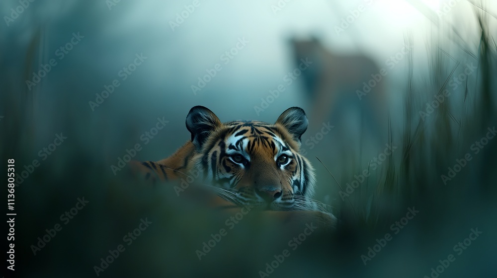 A serene Bengal tiger rests in lush green grass, while a blurred lioness watches in the background under soft misty light.