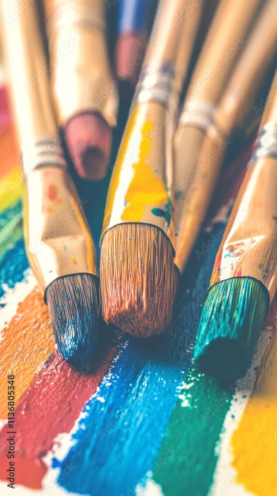 Obraz premium A collection of paintbrushes resting on colorful paint strokes.