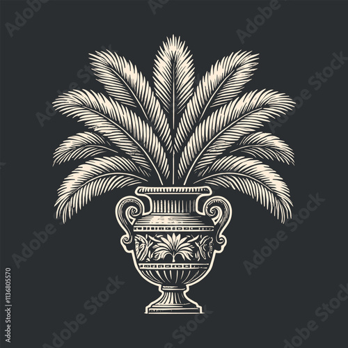 Vintage black and white illustration of palm leaves in an ornate vase