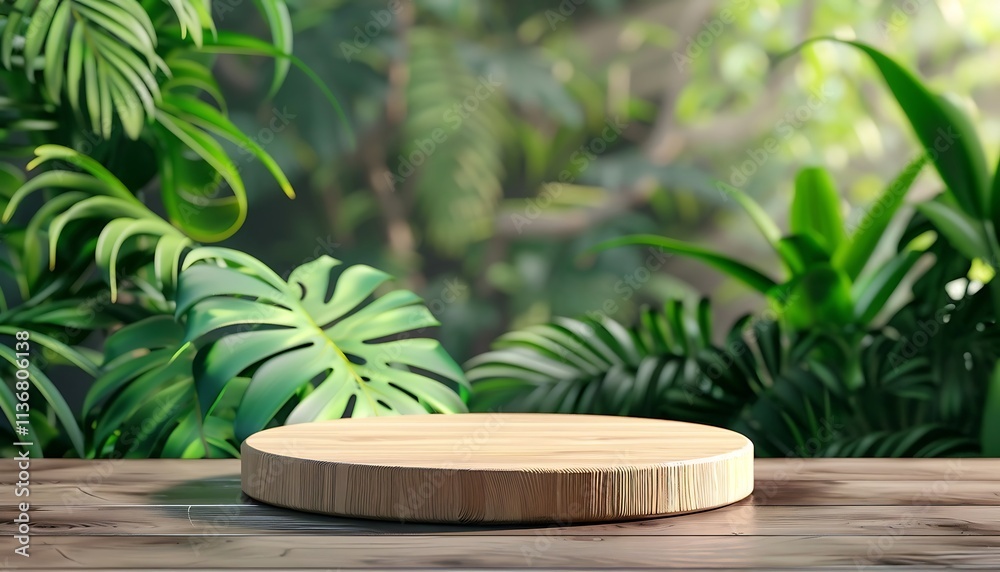 Wooden product display podium with blurred nature Wooden product display podium with blurred nature