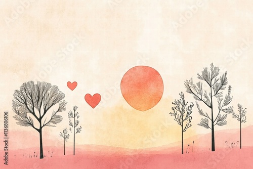 Charming hand-drawn love cards float among whimsical trees as a warm sunset glows, creating a romantic and inviting atmosphere. Generative AI photo