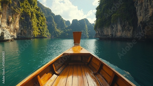 A scenic view from the bow of a wooden boat navigating through lush, rocky waters.