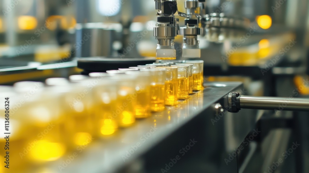 Amber Liquid Bottles on Production Line Amber Liquid Bottles on Production Line