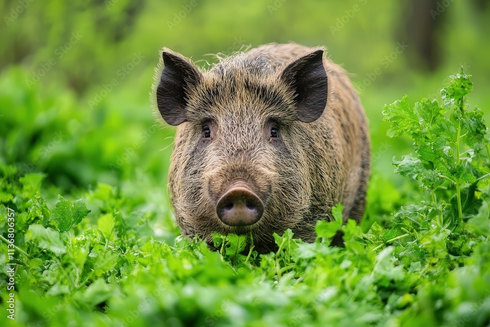 A wild boar foraging in a dense forest, surrounded by rich greenery A wild boar foraging in a dense forest, surrounded by rich greenery